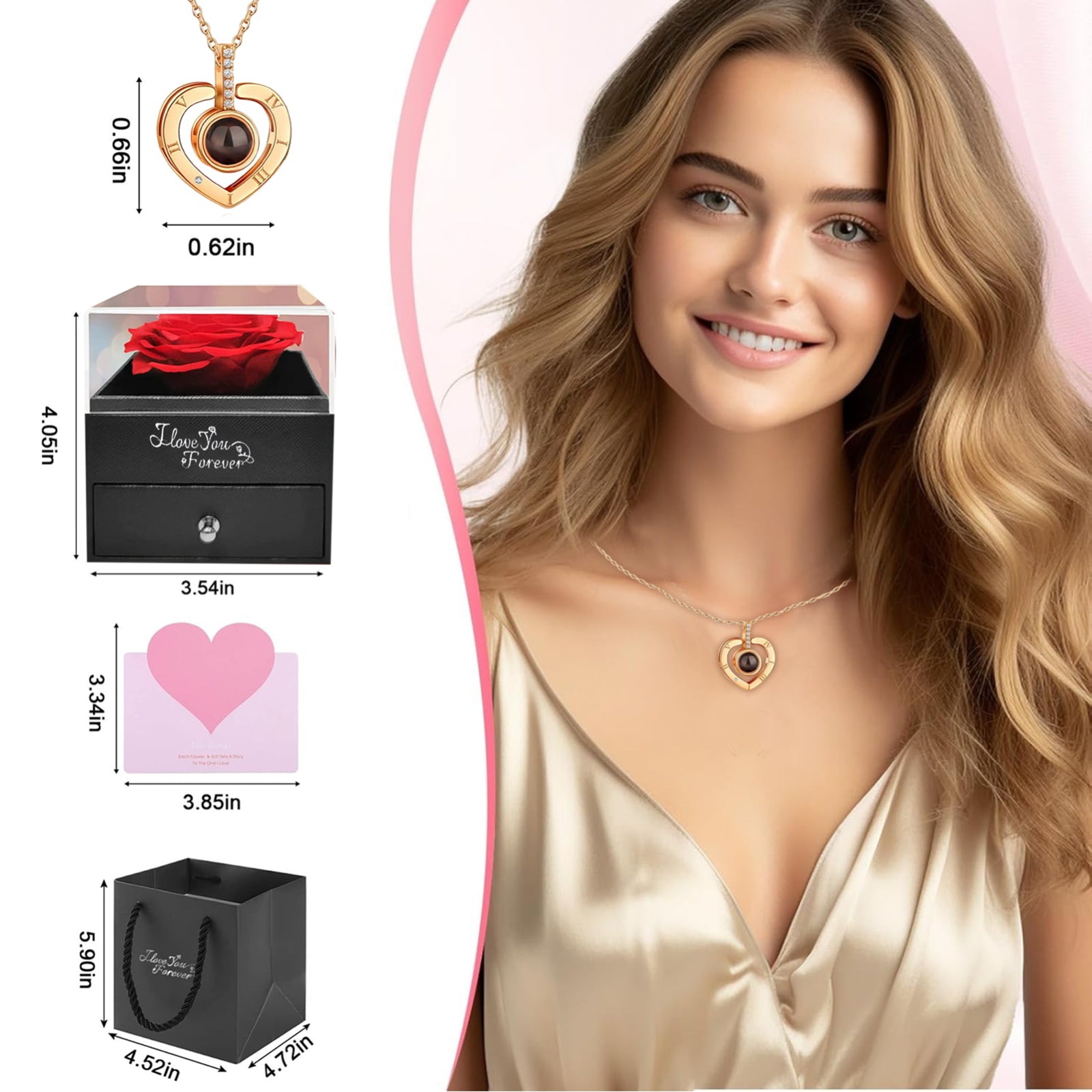 Valentine'S Day Real Rose Gift Box & Necklace for Her Mothers Day, Birthday Gift