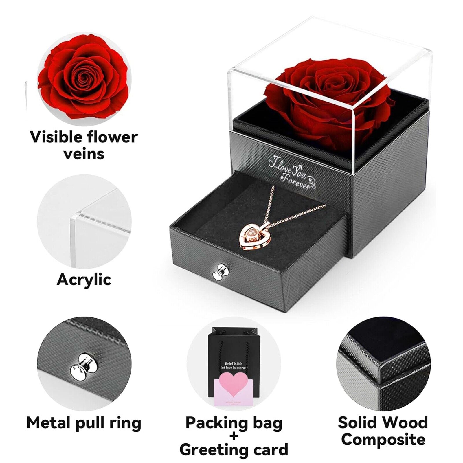 Valentine'S Day Real Rose Gift Box & Necklace for Her Mothers Day, Birthday Gift