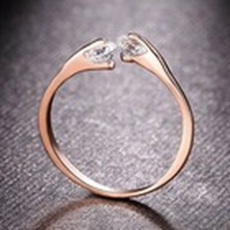 18K Rose Gold Plated 2 CZ Crystals Head Adjustable Engagement Eternity Open Ring