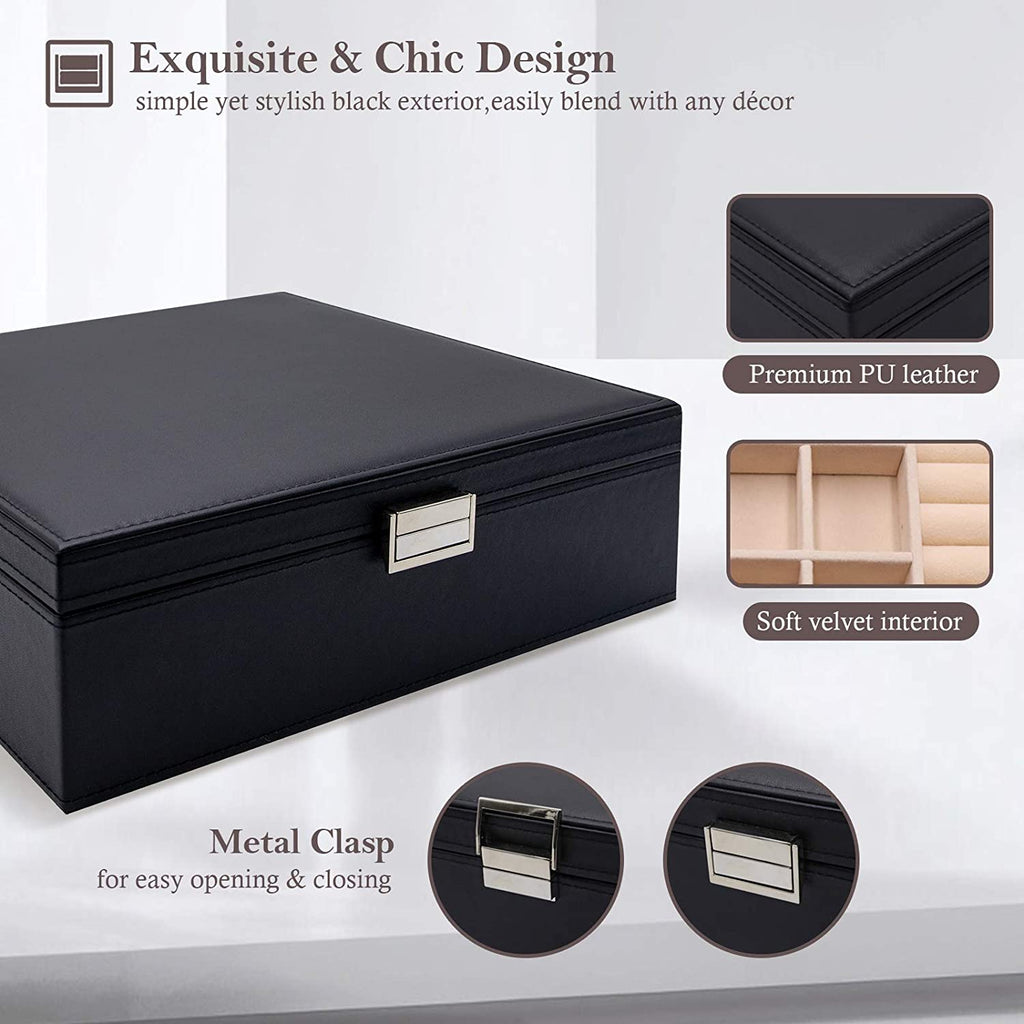 Jewellery Box Organiser, Large Jewellery Boxes with 2 Tiers, Gift Jewellery Storage Cases with Removable Divider for Earrings, Bracelets, Rings, Necklaces -Black