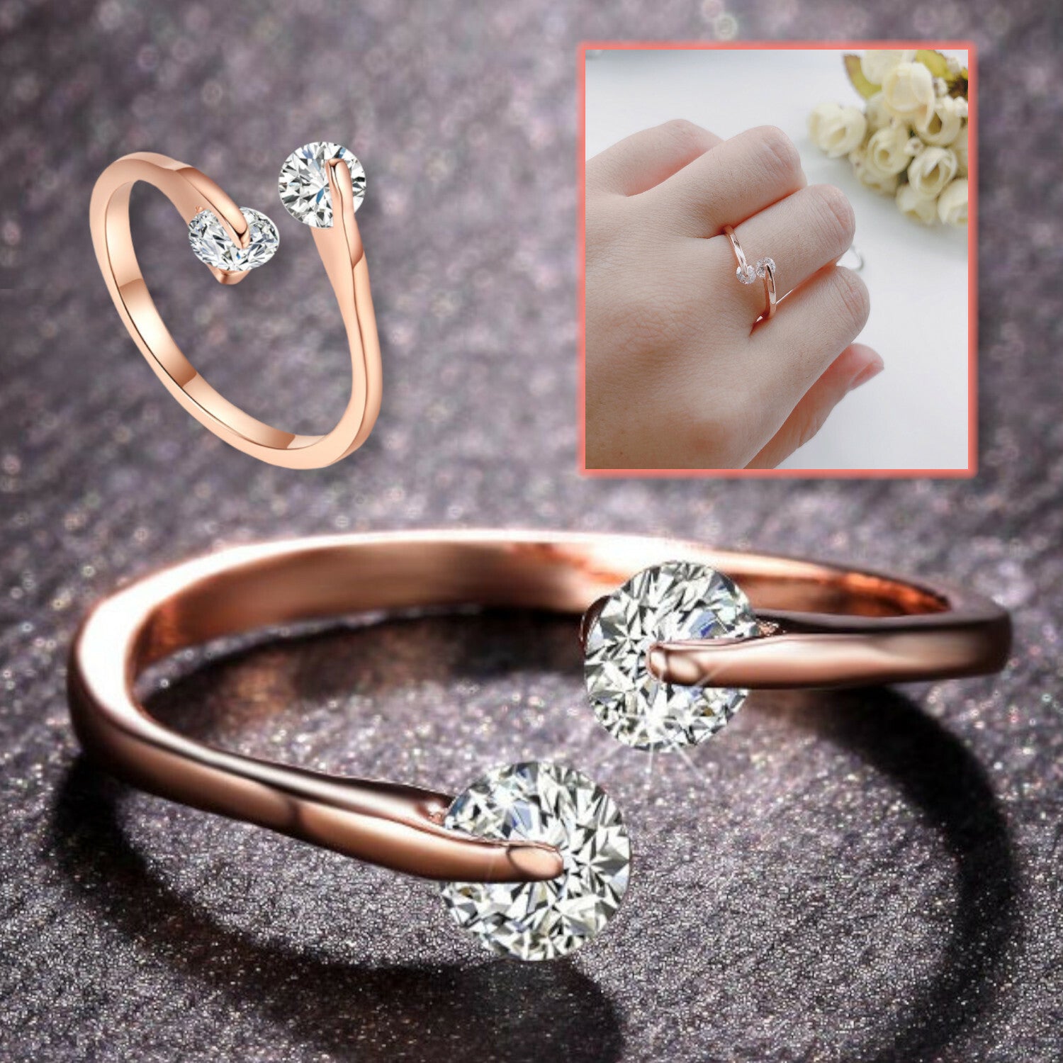 18K Rose Gold Plated 2 CZ Crystals Head Adjustable Engagement Eternity Open Ring