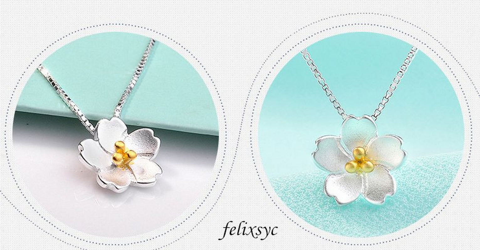 Cherry Blossoms Pendant 925 Sterling Silver Chain Necklace Women Jewellery Gifts