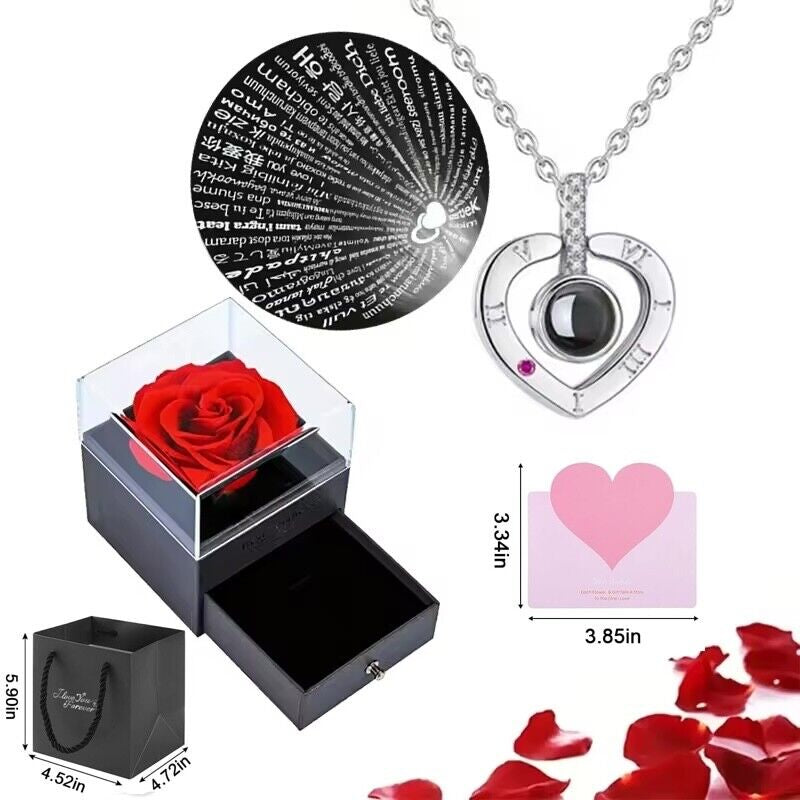 Valentine'S Day Real Rose Gift Box & Necklace for Her Mothers Day, Birthday Gift