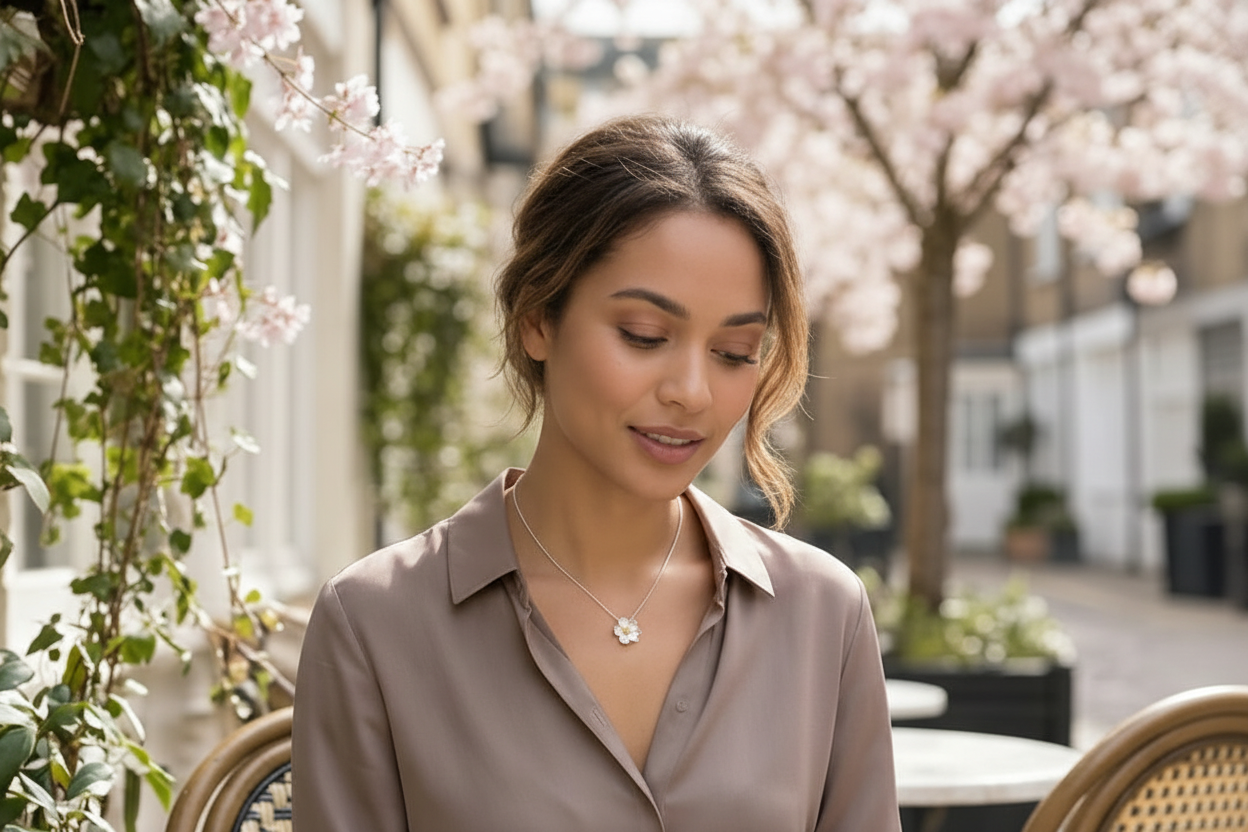 Cherry Blossoms Pendant 925 Sterling Silver Chain Necklace Women Jewellery Gifts