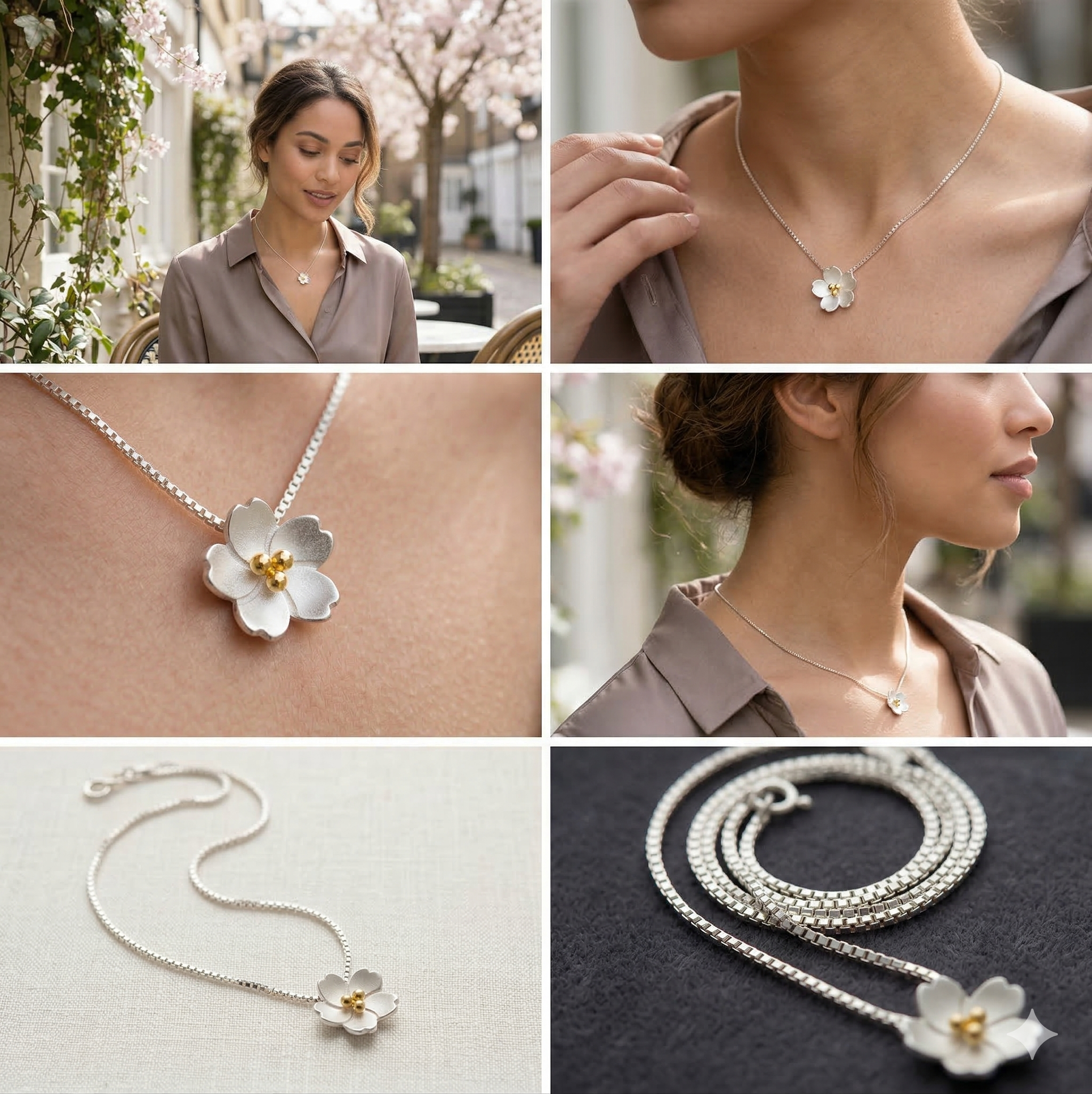 Cherry Blossoms Pendant 925 Sterling Silver Chain Necklace Women Jewellery Gifts