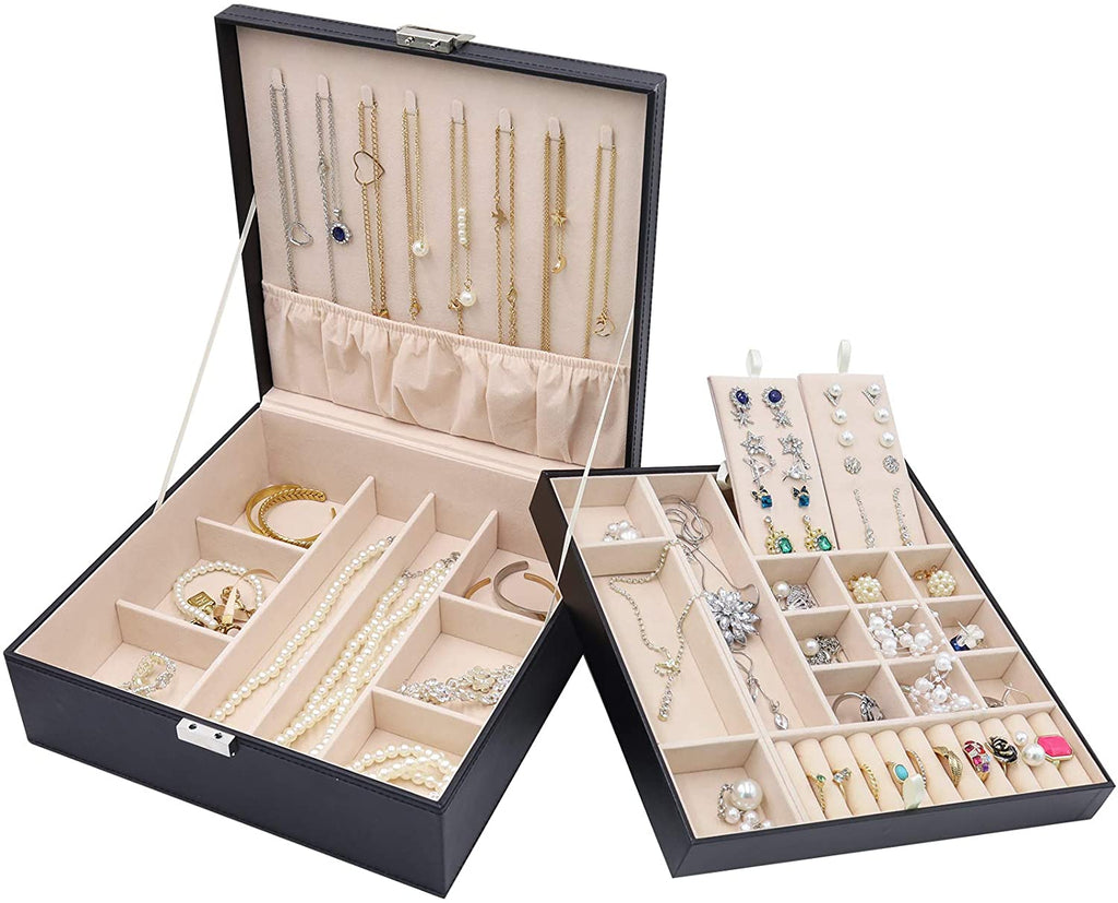 Jewellery Box Organiser, Large Jewellery Boxes with 2 Tiers, Gift Jewellery Storage Cases with Removable Divider for Earrings, Bracelets, Rings, Necklaces -Black