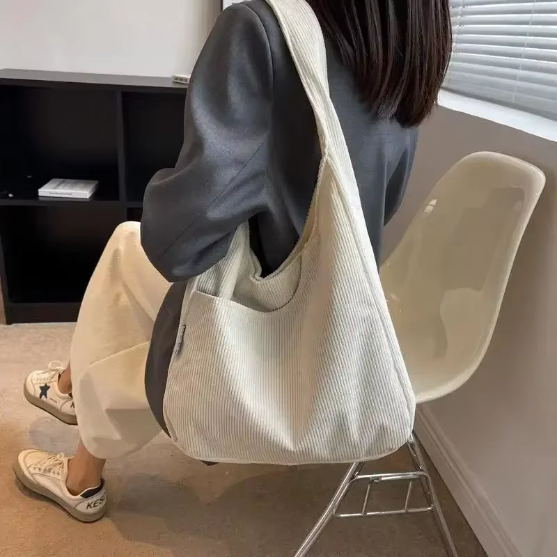 Canvas Shoulder Women'S Tote Bag Corduroy Simple Casual Large Capacity Designer Handbags for Women Travel Solid Shopper Bag
