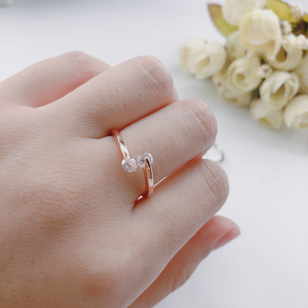 18K Rose Gold Plated 2 CZ Crystals Head Adjustable Engagement Eternity Open Ring