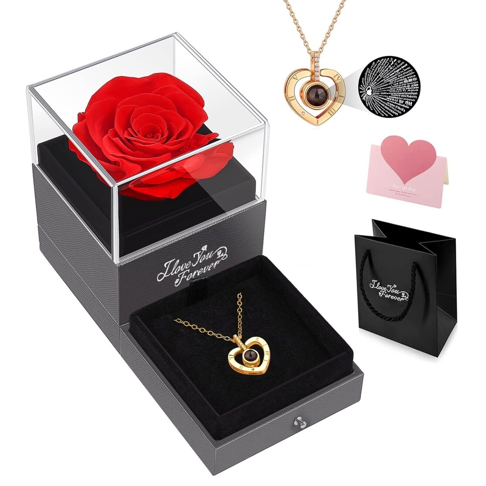 Valentine'S Day Real Rose Gift Box & Necklace for Her Mothers Day, Birthday Gift