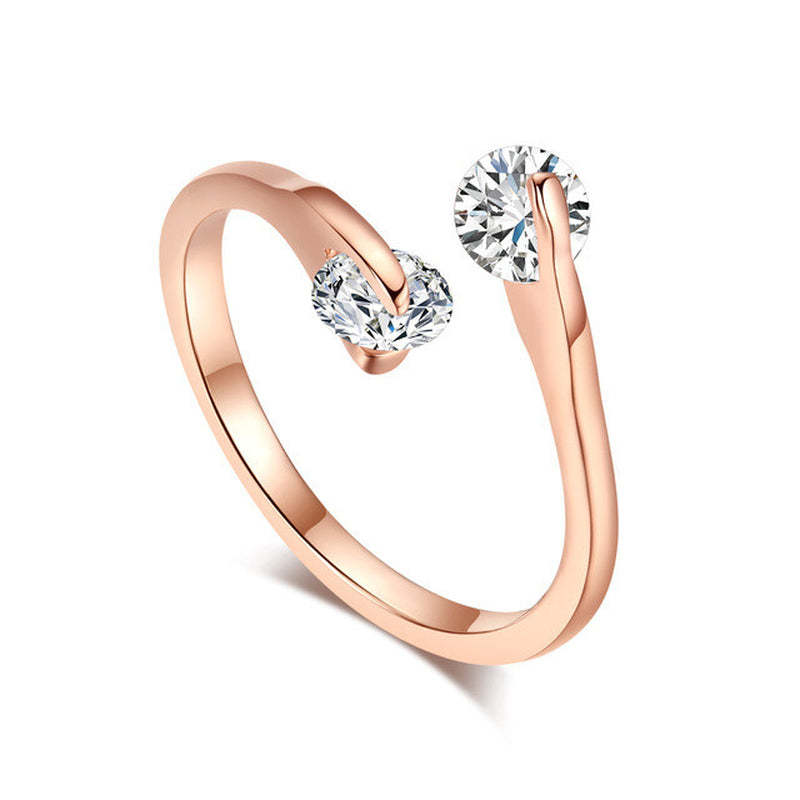 18K Rose Gold Plated 2 CZ Crystals Head Adjustable Engagement Eternity Open Ring